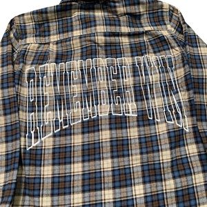 Plaid Flannel Button Up Shirt Remember Win Upcycle Blue Brown
